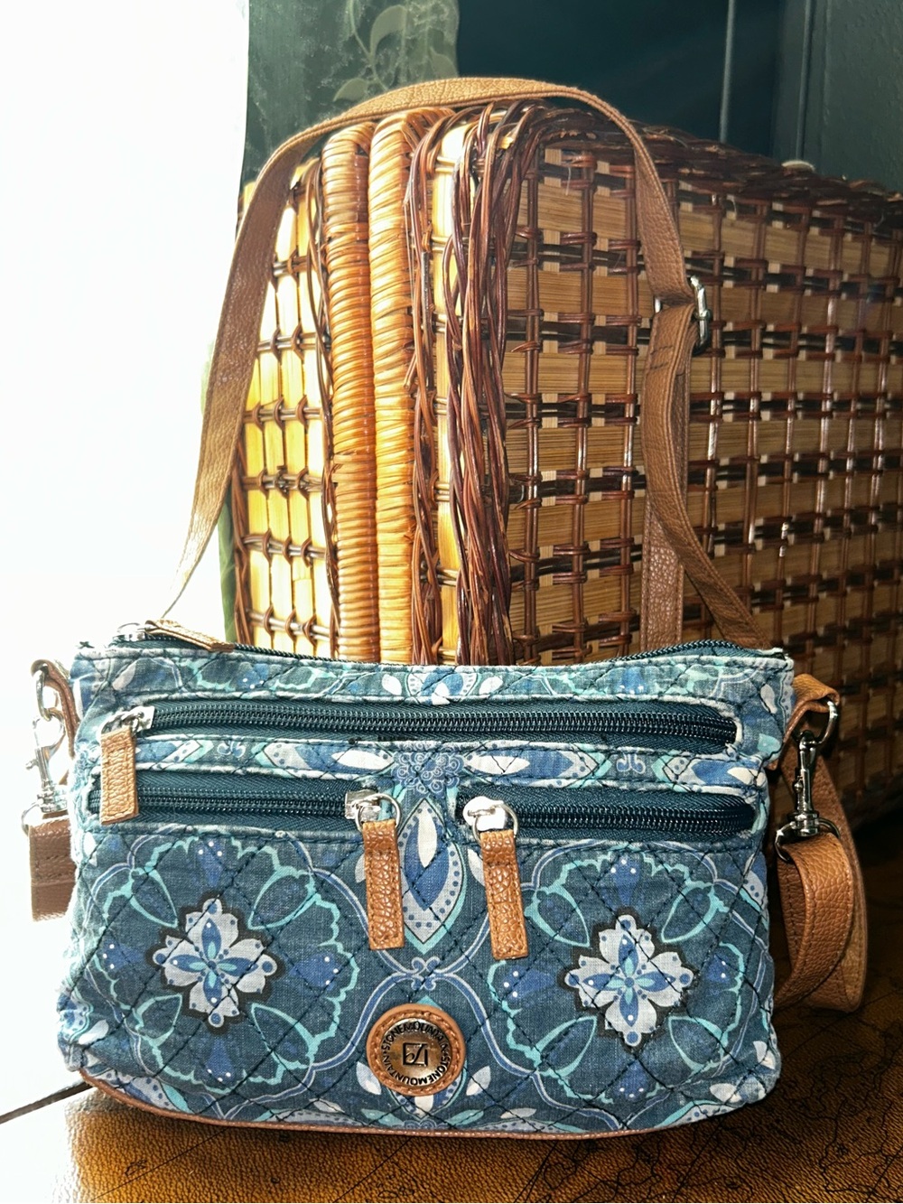 Stone Mountain USA Blue Patterned Crossbody Bag with Tan Accents